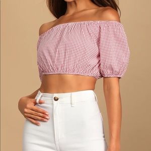 Lulu’s Size S Our Summer Love Coral Pink Gingham Off-The-Shoulder Crop